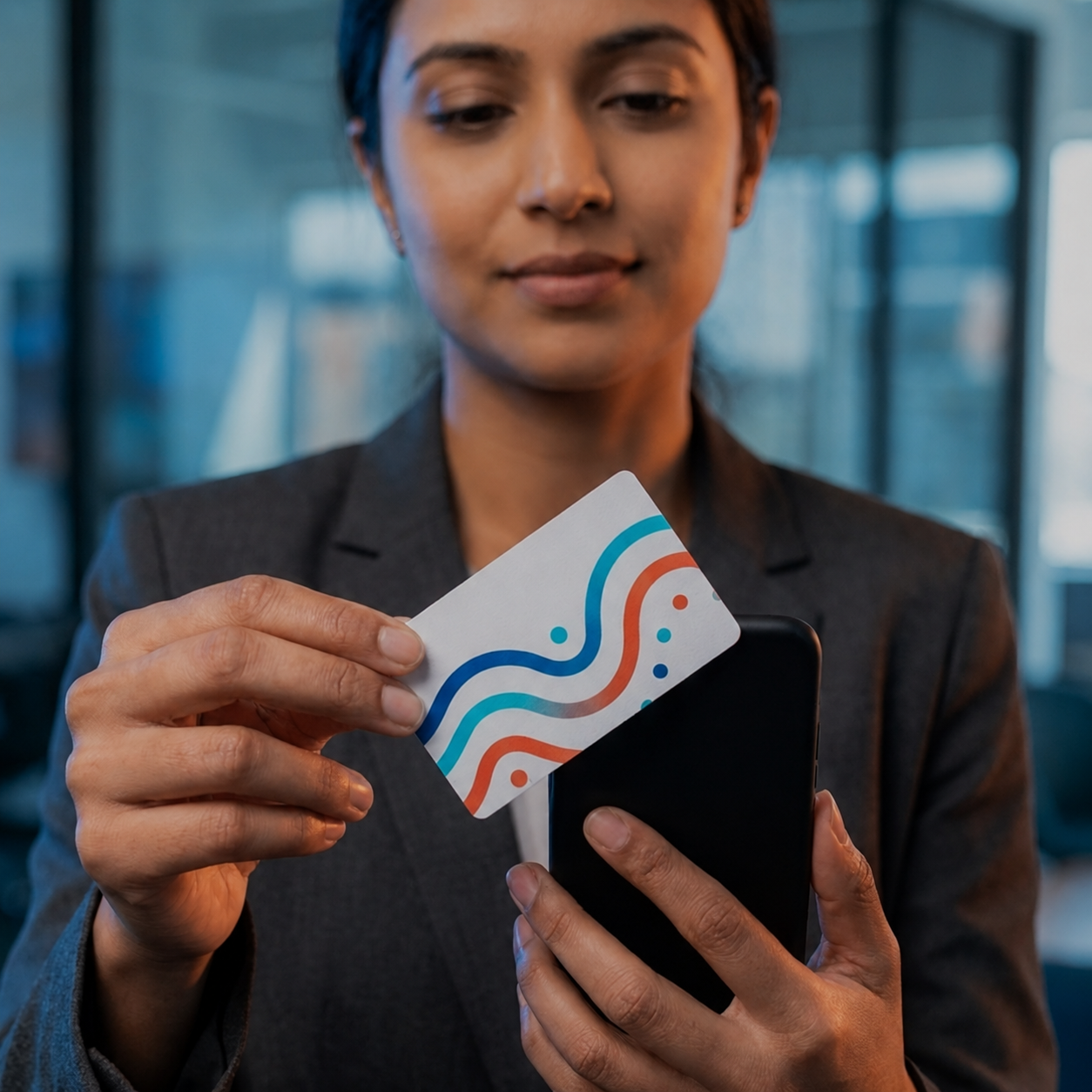 Carte PVC ou RFID personnalisée utilisée avec un smartphone — badges et cartes à puce sur mesure